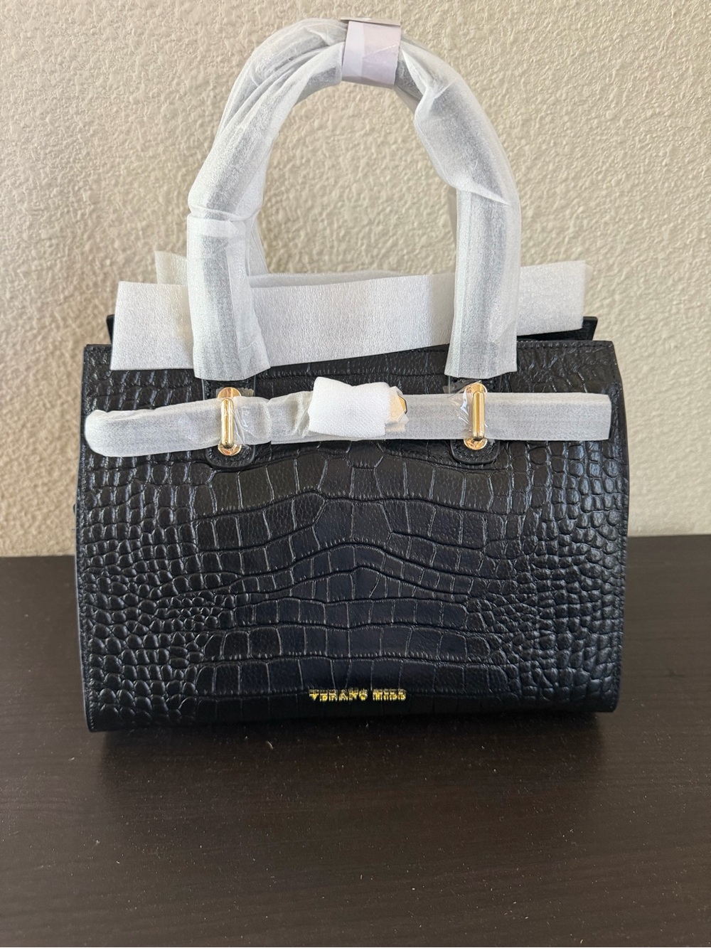 Black Croc-Embossed Structured Hand Bag with Gold Accents
